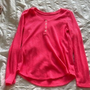 Bright pink, quarter buttoned waffle long sleeve.